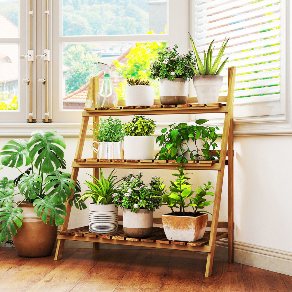 Outsunny 3-Tier Wooden Foldable Flower Pot Stand Image 2