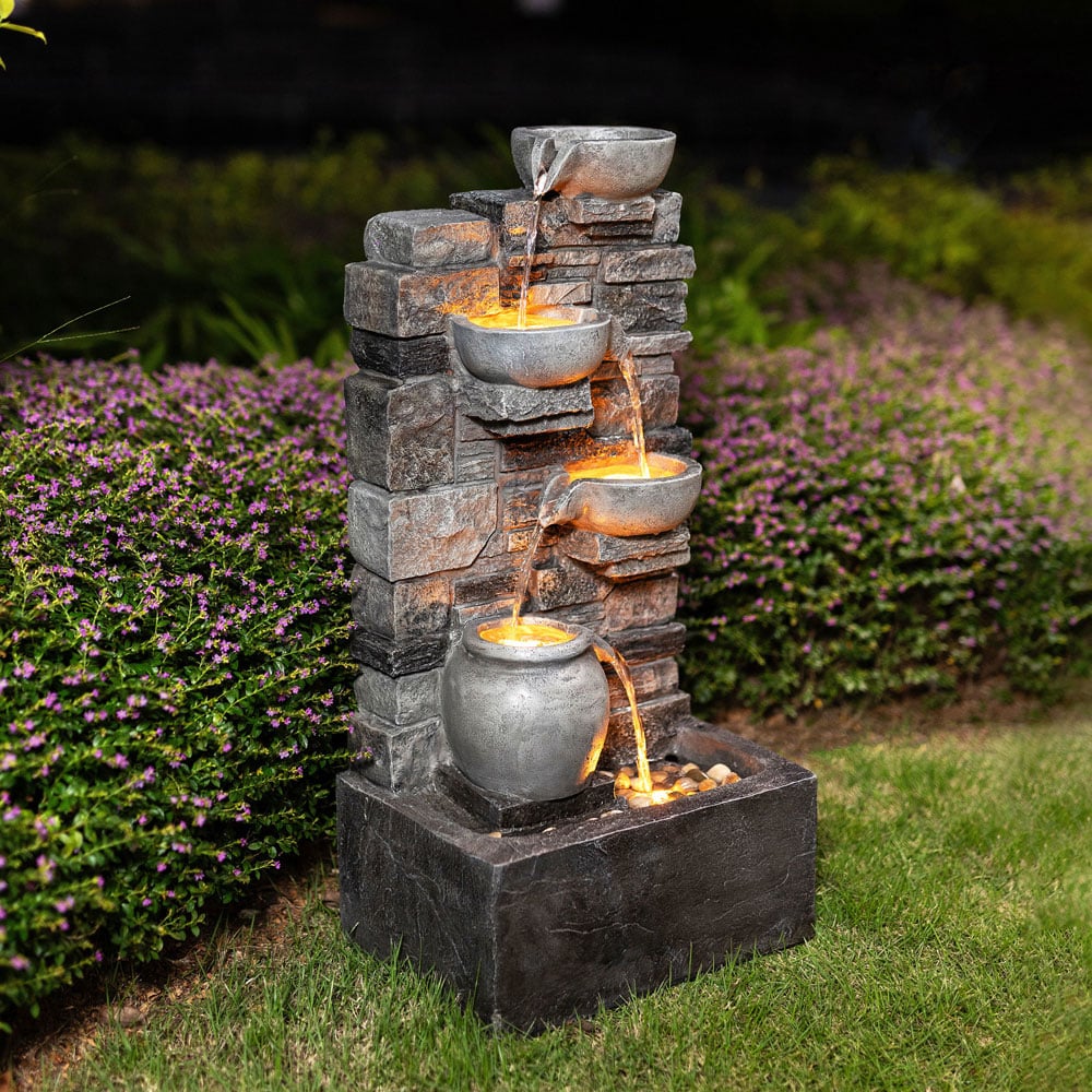 Teamson Home Grey 4-Tier Cascading Bowl Stacked Stone Outdoor Fountain 28.5 inch Image 2