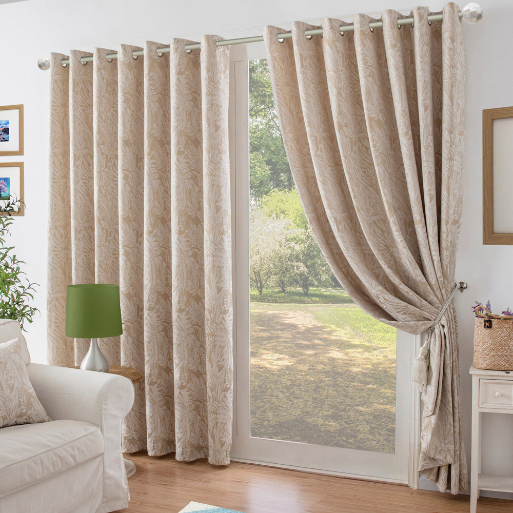 Alan Symonds Cream Chenille Jacquard Lined Ring Top Eyelet Curtains 117 x 137cm Image 1