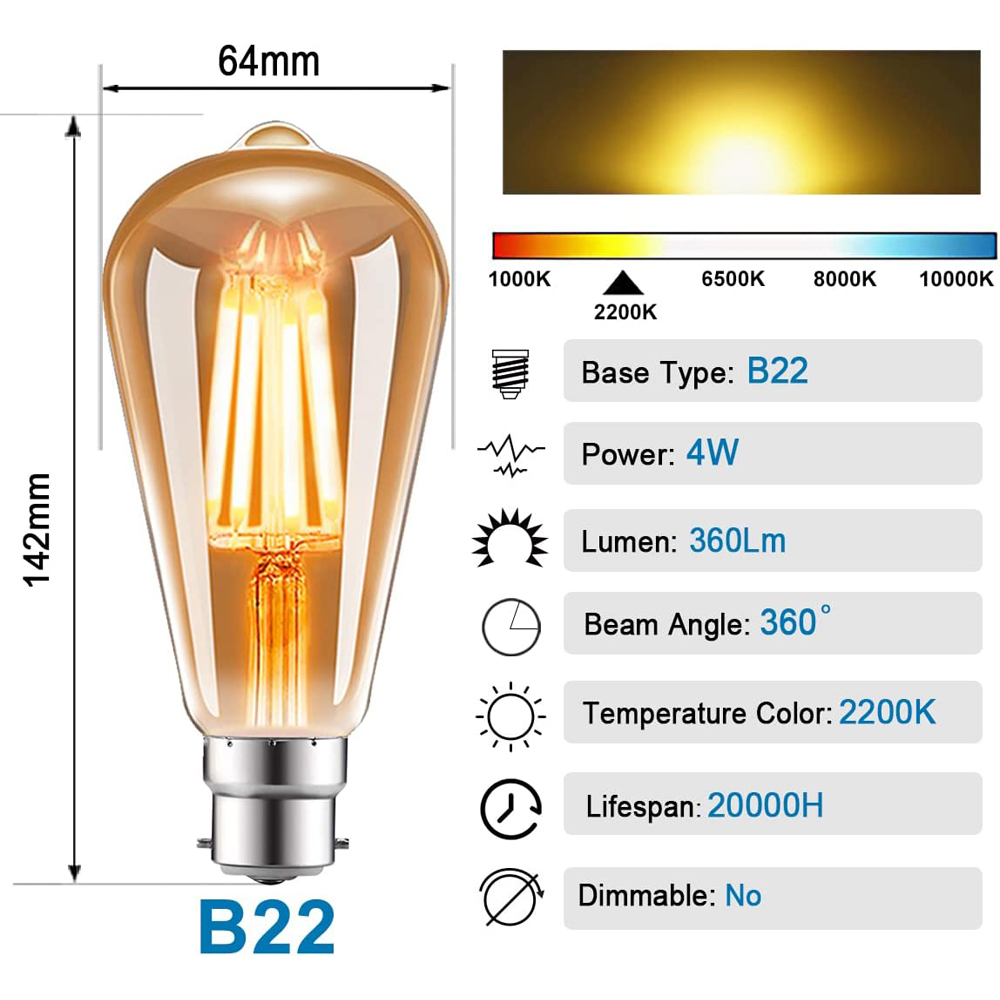 ExtraStar 6 Pack 4W LED Filament Light Bulb Image 3