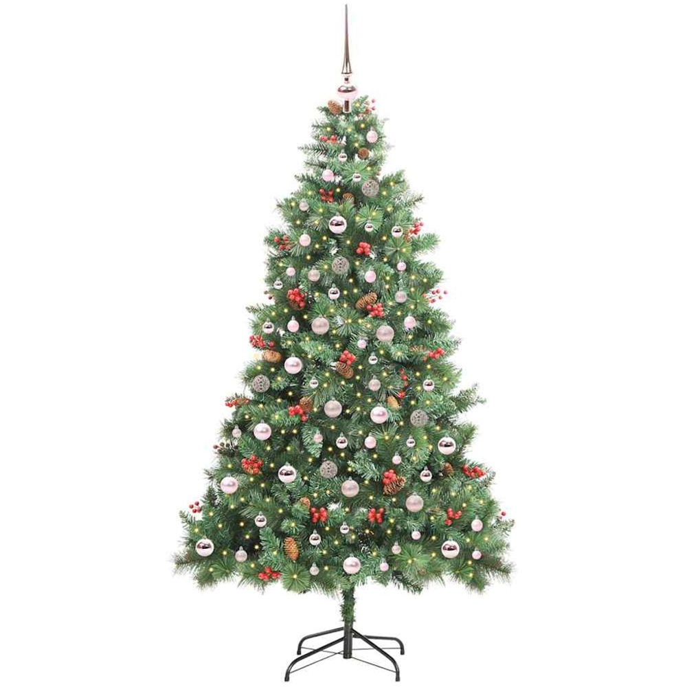 vidaXL 300 LED Pre-Lit Pink Baubles Green Artificial Christmas Tree 7ft Image 1