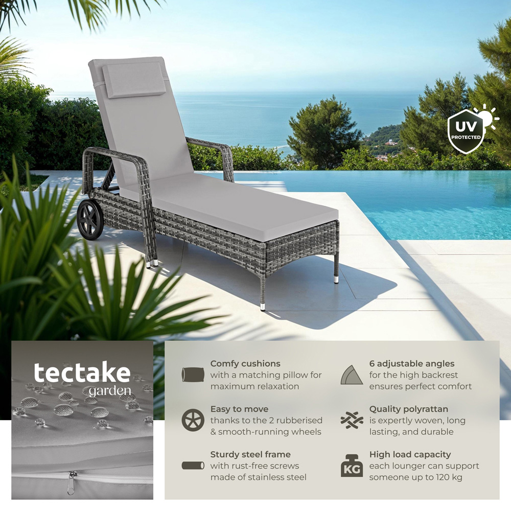 tectake Black and Beige 6 Level Adjustable Sun Lounger with Soft Pillow and Wheels Image 2