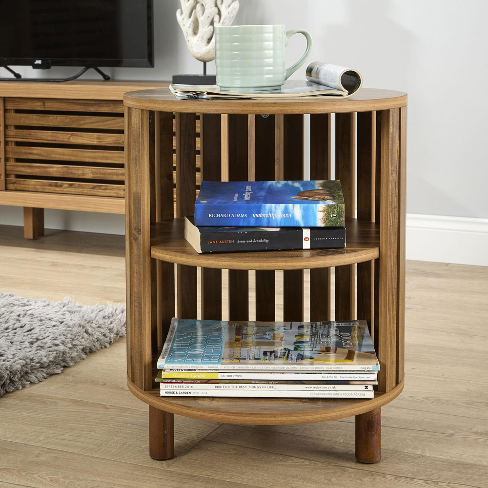 Home Source Luna 2 Shelf Oak Round Side Table with Solid Wood Legs Image 7
