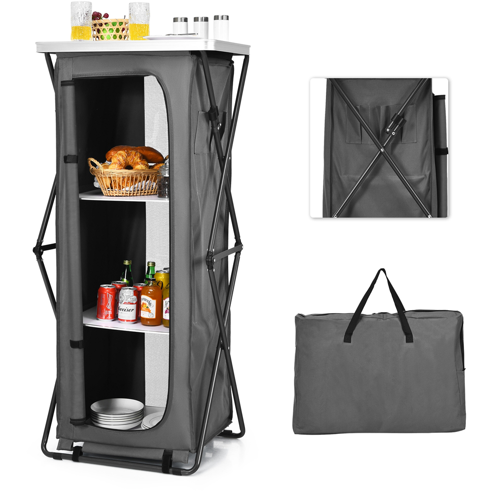 Costway 3 Shelf Grey Foldable Camping Storage Cabinet with Carry Bag Image 4