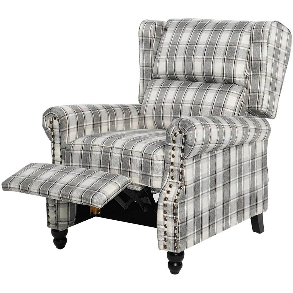 Living and Home Grey Beige Plaid Wingback Recliner Armchair with Adjustable Backrest and Footrest Image 6
