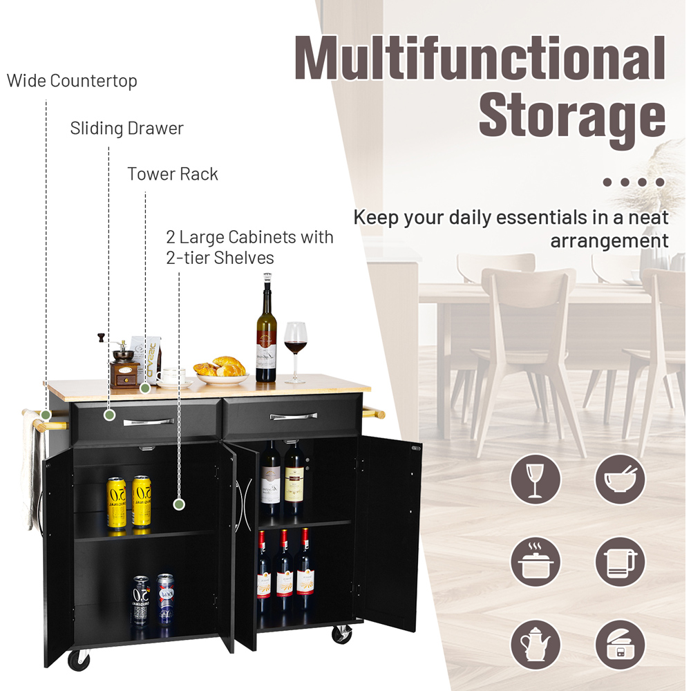 Costway 2 Door 2 Drawer Black Rubberwood Countertop Rolling Kitchen Island Cart Image 5