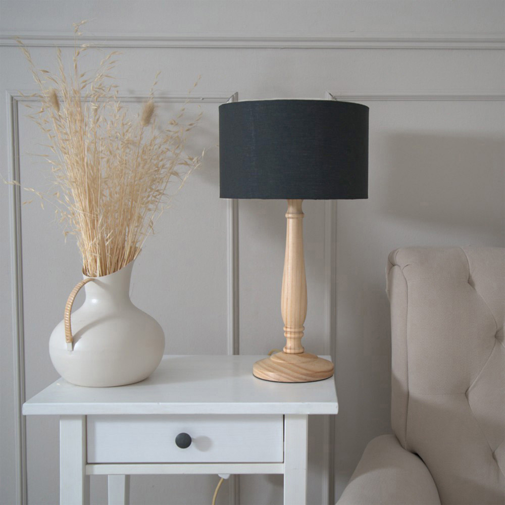 ValueLights Victoria Charcoal Fabric Drum Shade Light Wood Traditional Stem LED Table Lamp Image 3