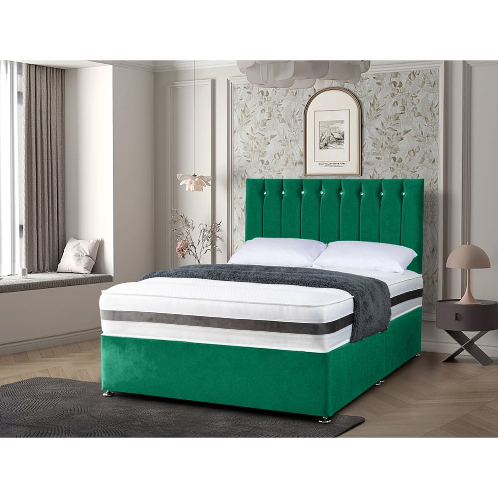 Eleganza Home Cocoon King Size Emerald Plush Velvet Divan Bed with Headboard Image 2