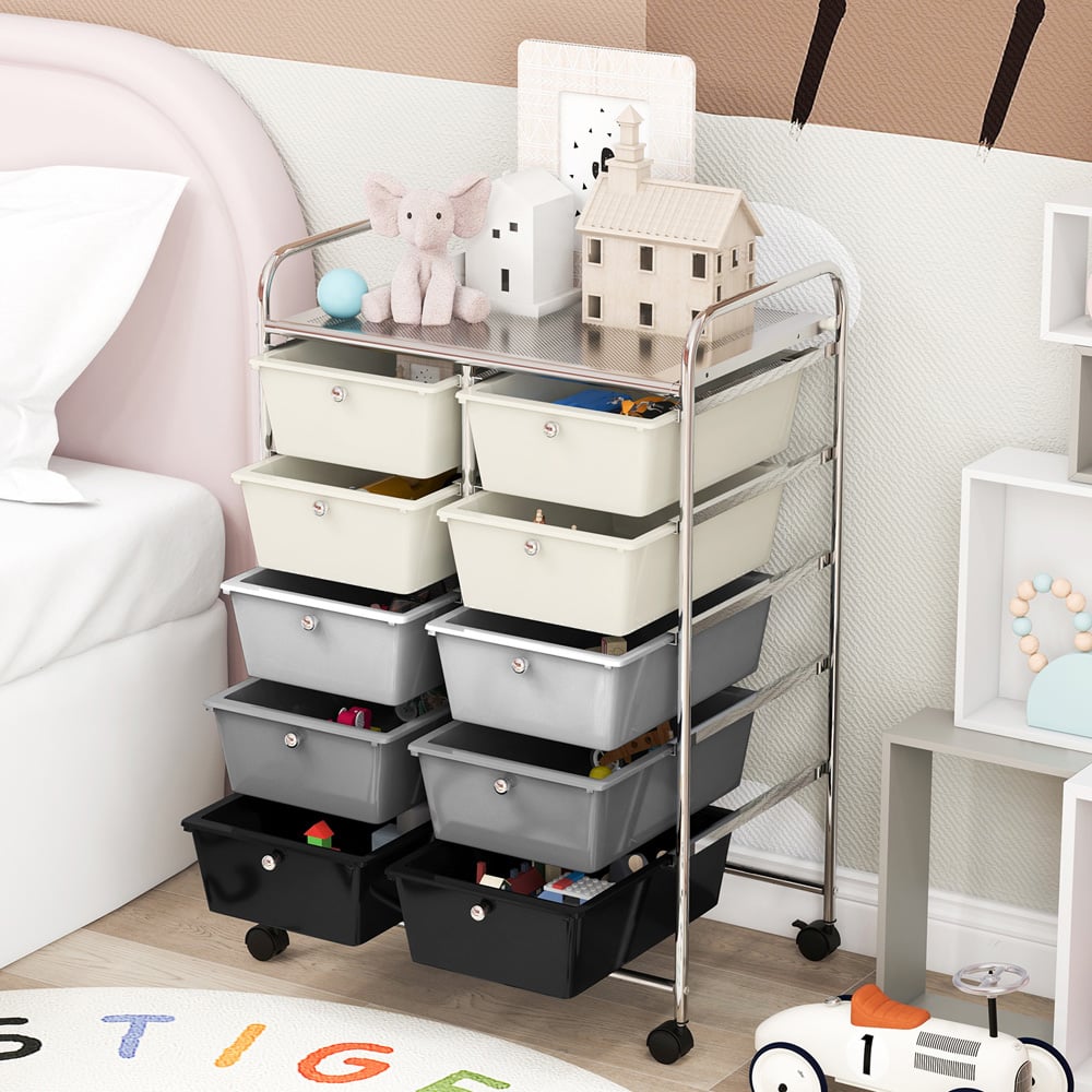 Costway 10 Drawer Black and White Storage Rolling Cart Image 5