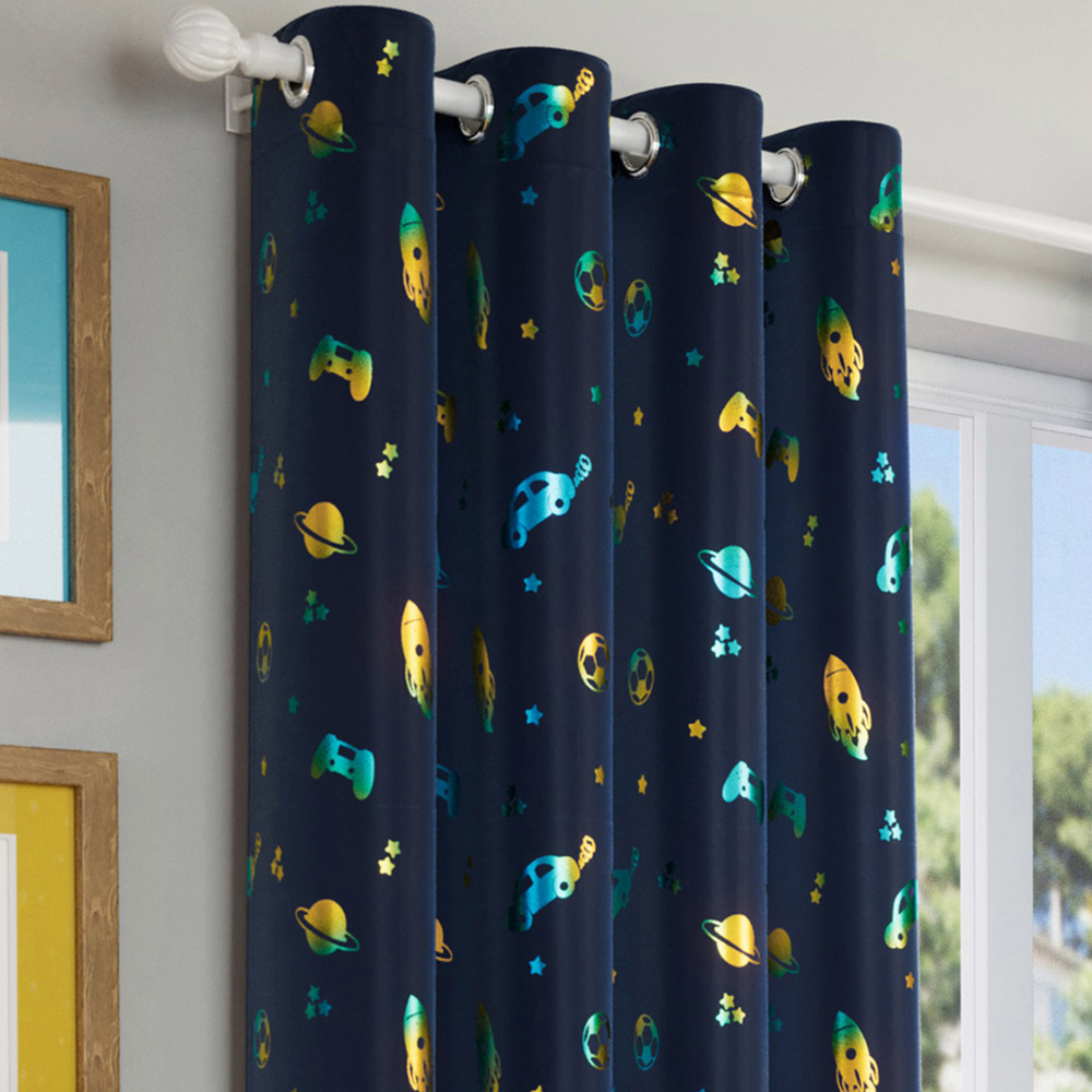 Enhanced Living Infinity Blue Metallic Print Kids Thermal Darkening Eyelet Curtains 168 x 183cm Image 2