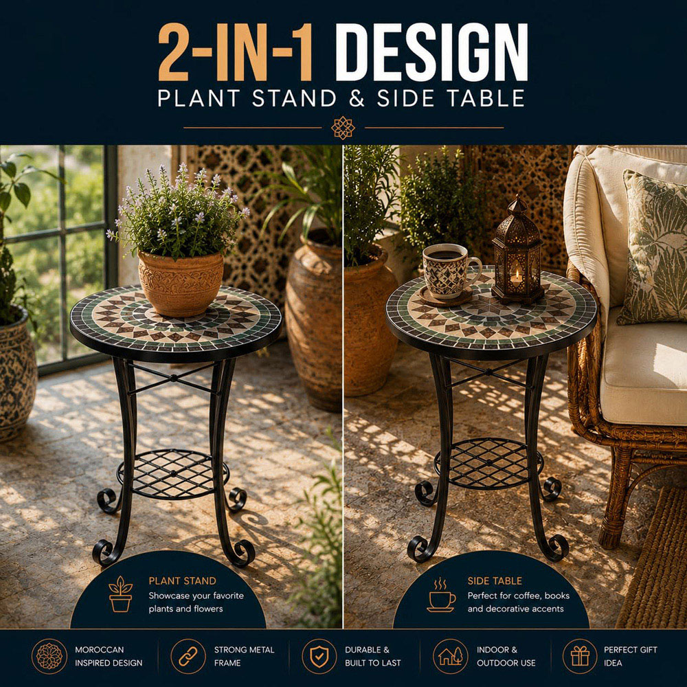 Shatchi Marrakech 2-in-1 Single Shelf Mosaic Ceramic Tile Top Plant Stand Side Table Image 3