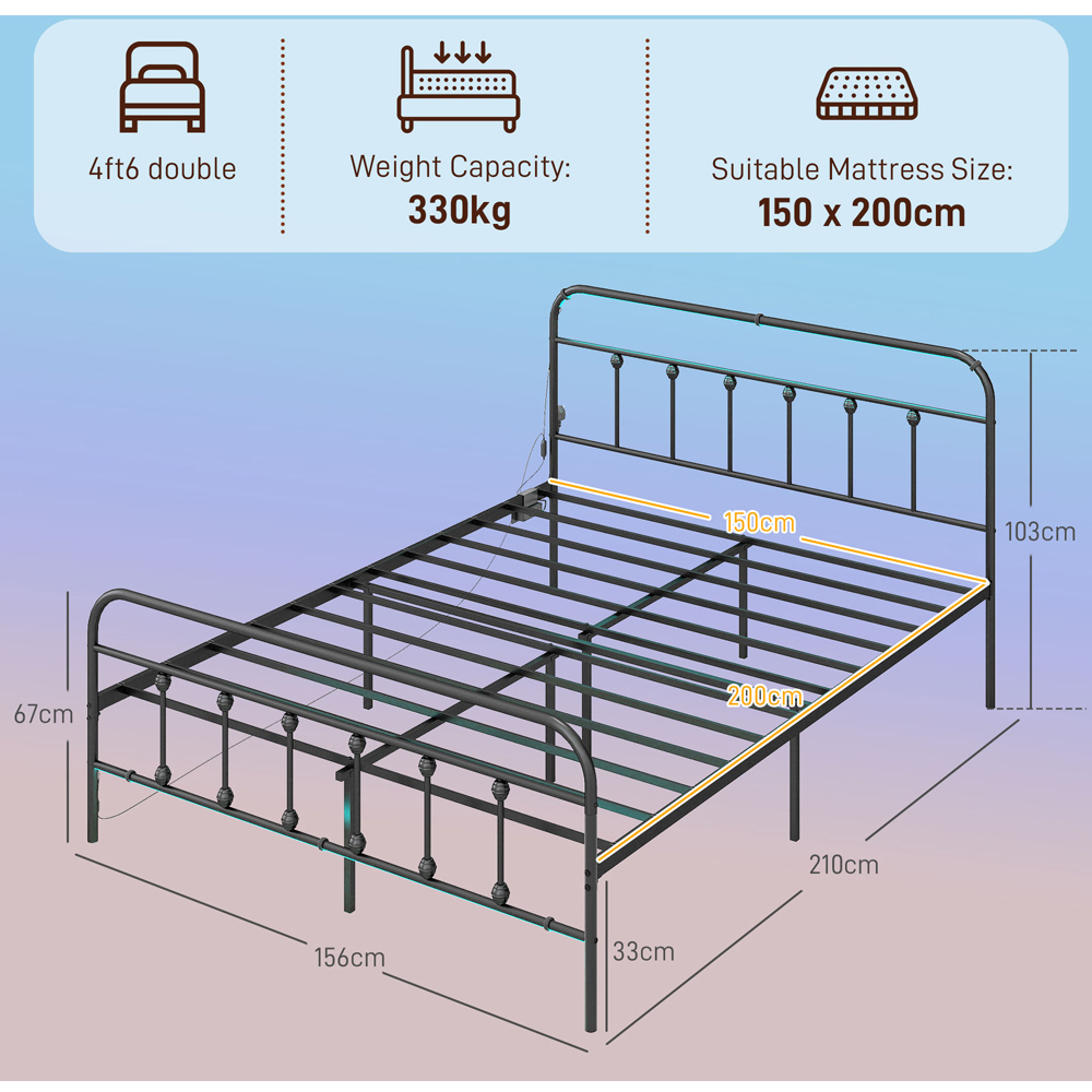 Portland King Black Bed Frame with LED Lights and Charging Station Image 9