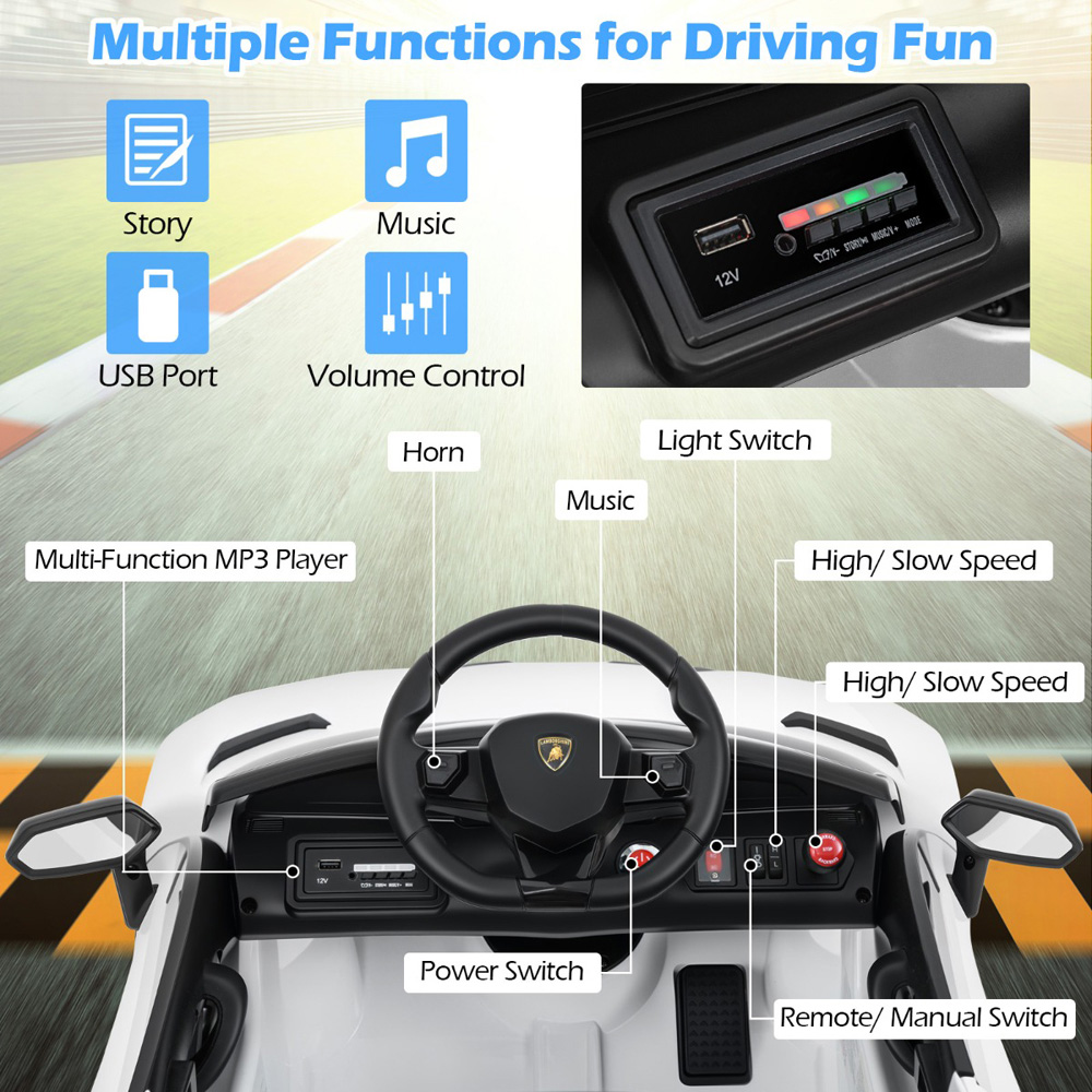 Costway Kids White Licensed Lamborghini Ride On Car with Remote Control and LED Headlight 12V Image 4