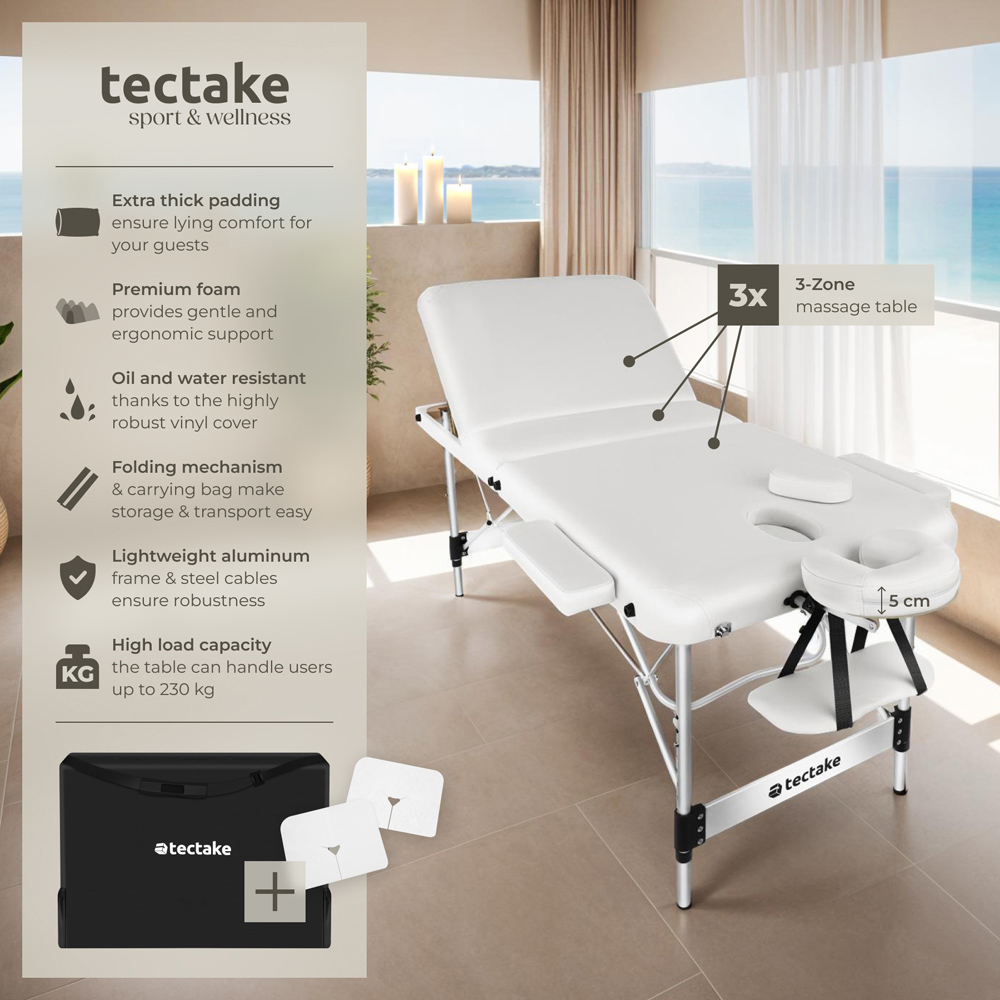 Massage Table Ko Tao - 3 zones, 78cm wide, aluminium frame, folding, carry bag - White Image 7
