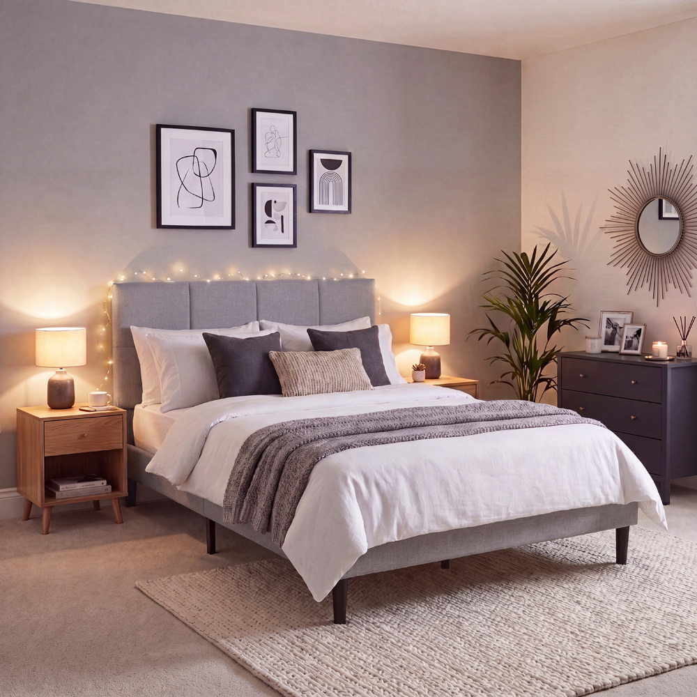 VIDA DESIGNS Velmora Double Light Grey Linen Fabric Bed with Memory Foam Bonnell Spring Mattress Image 8