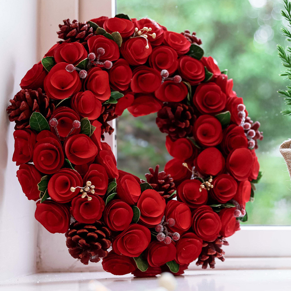 Dibor Red Crimson Rose Artificial Christmas Wreath with Pinecones and Berries 35cm Image 2