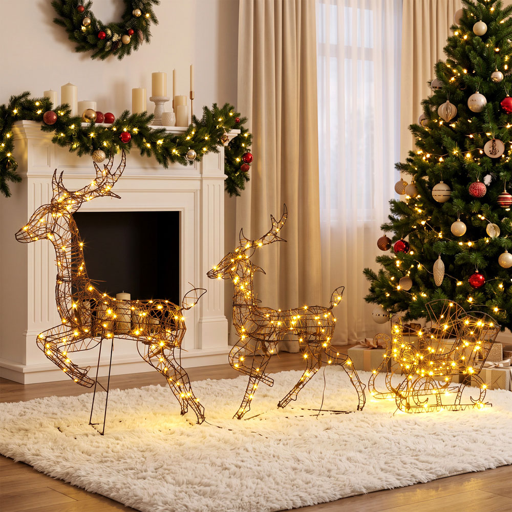 Outsunny 240 Warm White LED 3-Piece Reindeer and Sleigh Set Outdoor Christmas Decoration Image 6