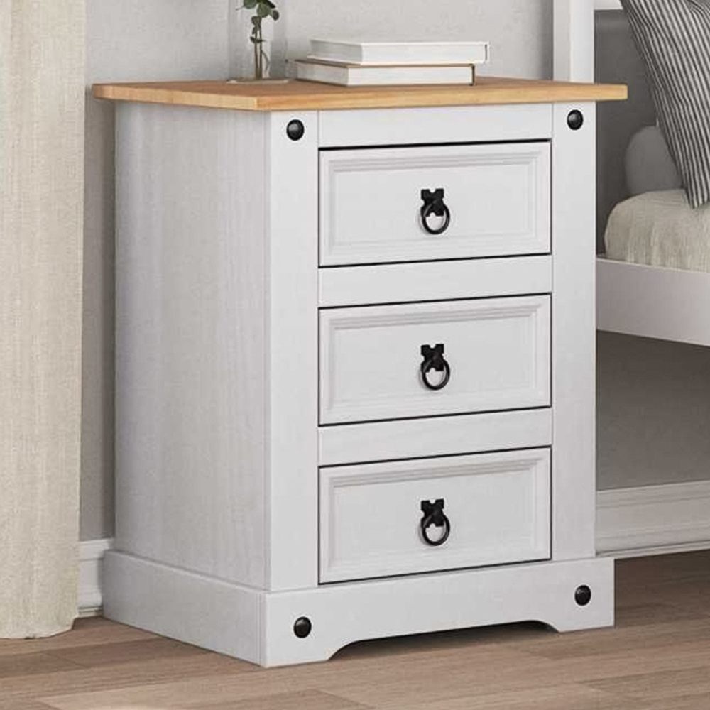 vidaXL Corona 3 Drawer White Solid Pine Wood Bedside Table Image 1