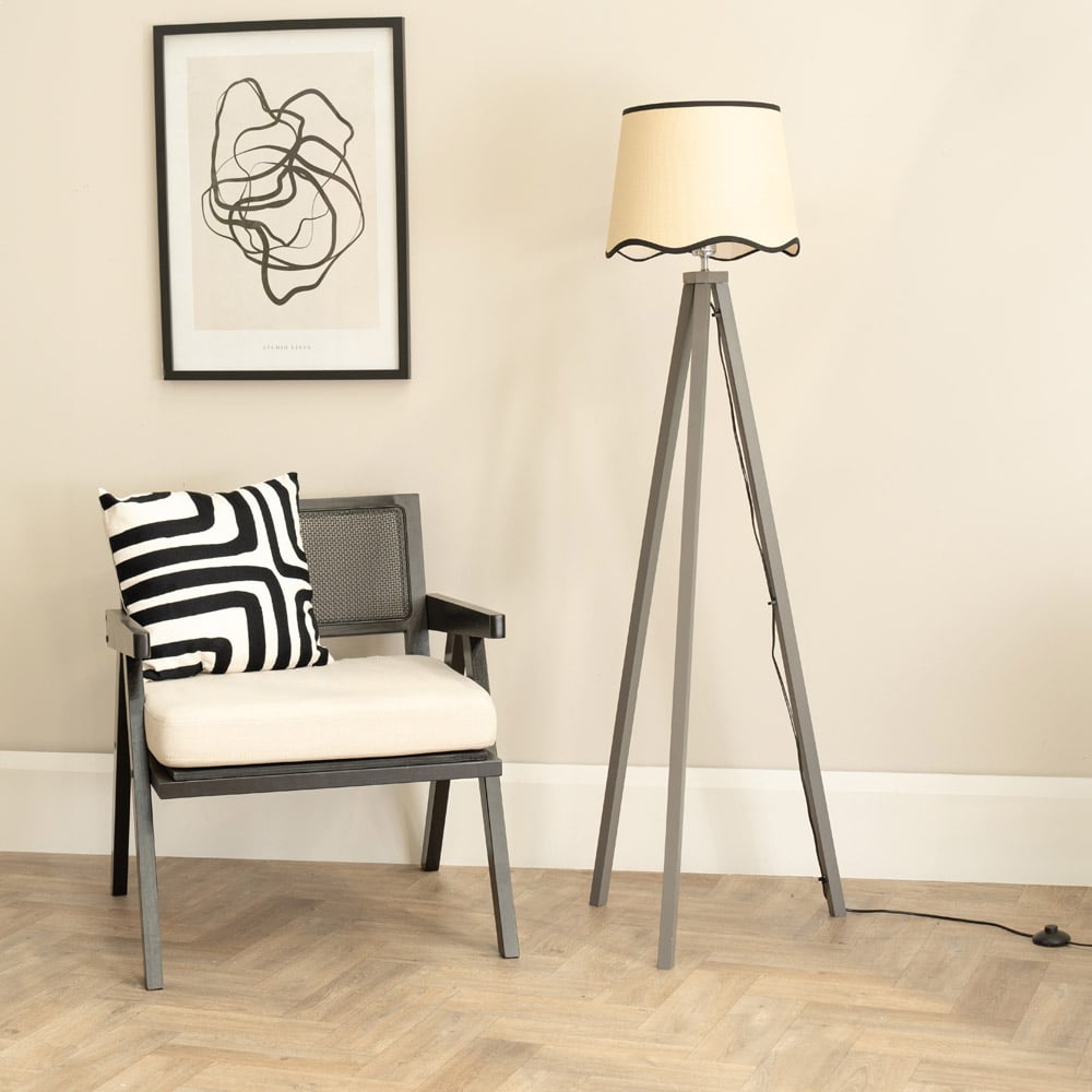 ValueLights Barbro Black Trim Scallop Shade Grey Tripod Floor Lamp and Bulb Image 3