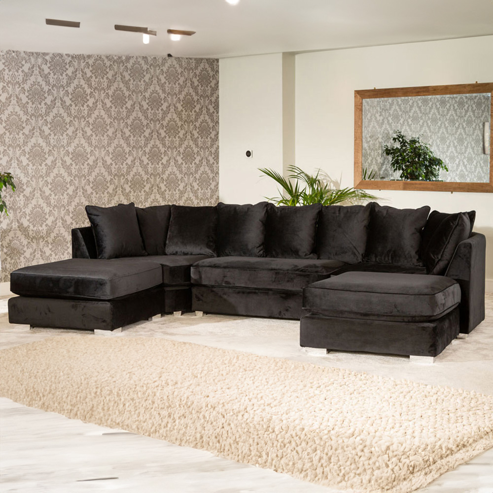Rowan 6 Seater Black Plush Velvet Corner Sofa Image 1