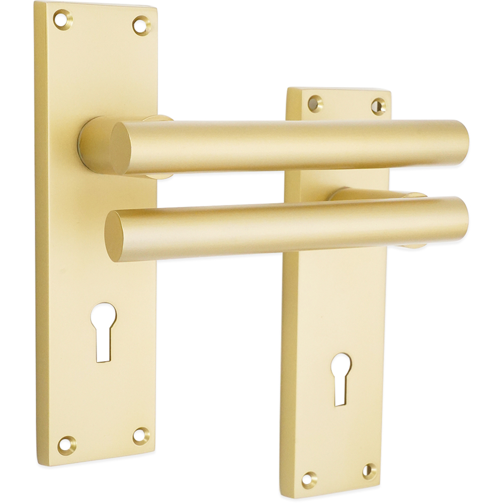 Spira Brass Jura Satin Brass Lever on Backplate Door Handle with Lock 2 Pack Image 1