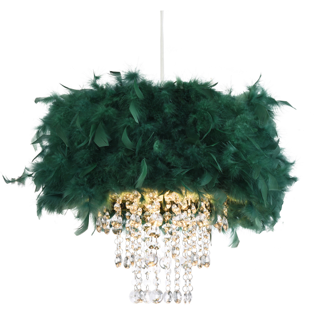 Happy Homewares Green Feather Pendant Shade with Transparent Acrylic Droplets Image 2