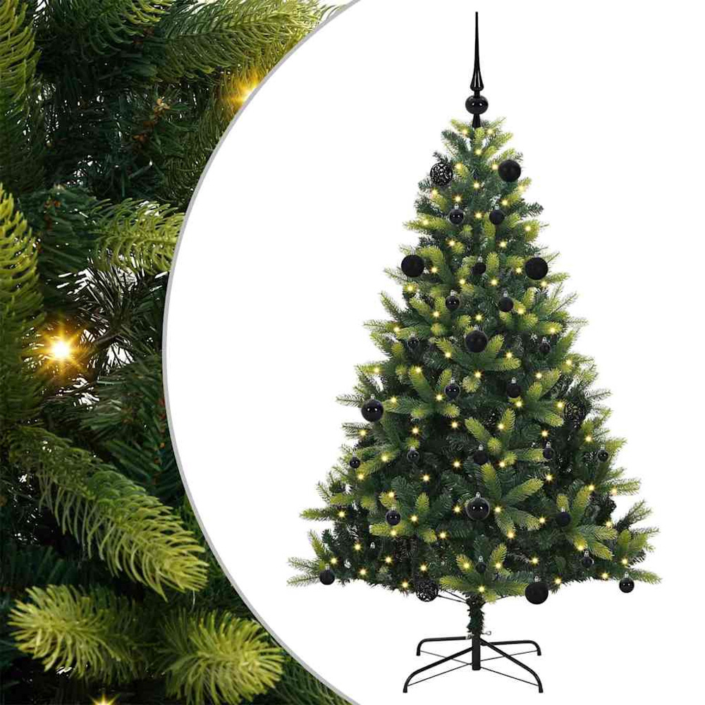 vidaXL Pre-Lit Black Baubles Green Artificial Hinged Christmas Tree 5ft Image 2