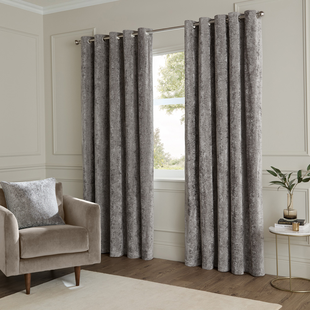 Paoletti Lustre Pewter Velvet Fully Lined Eyelet Curtains 168 x 183cm Image 1
