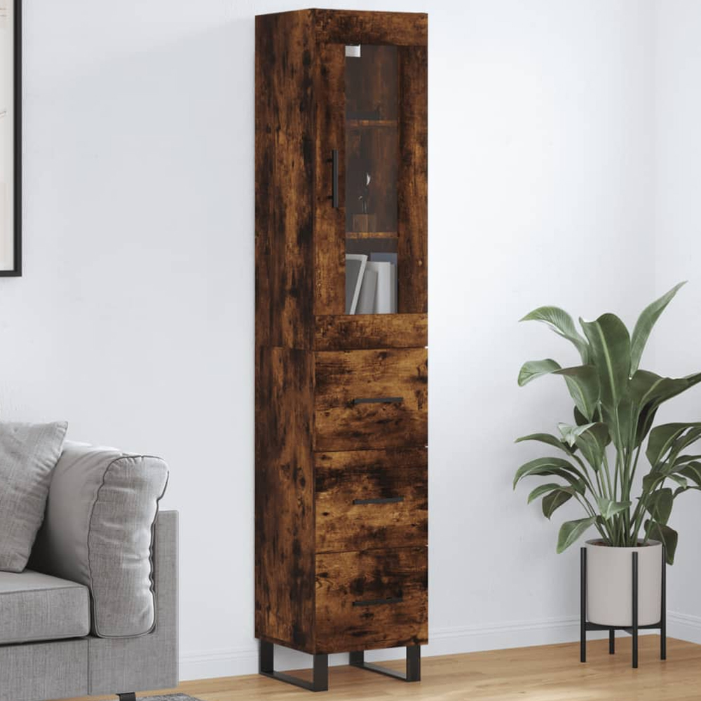 vidaXL Single Glass Door 3 Drawer Smoked Oak Highboard Image 1