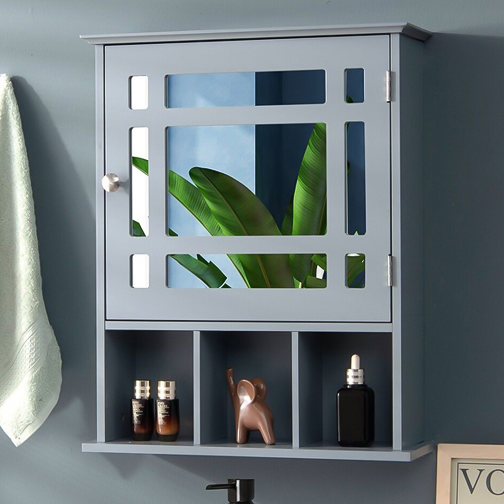 Costway Grey Mirror Door Cabinet 3 Shelf Image 1