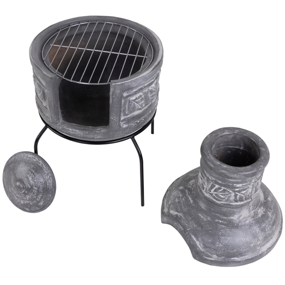 Charles Bentley Snug Granada Leaf Motif Clay Chiminea with BBQ Grill Lid and Stand Image 4