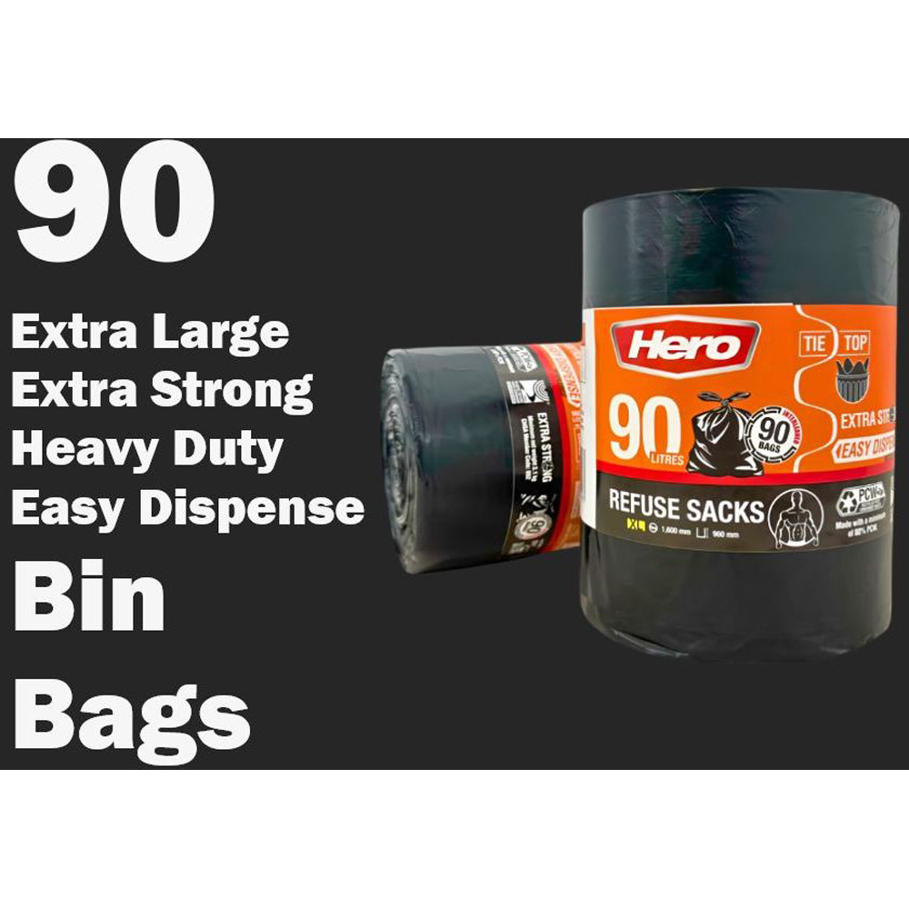 Hero Extra Strong Bin Bags Refuse Sacks with Tie Top Black 90L 270 Pack Image 7