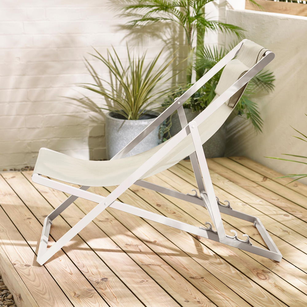 Furniturebox Cannes Set of 2 Cream Metal And Textilene Deck Chair Image 5