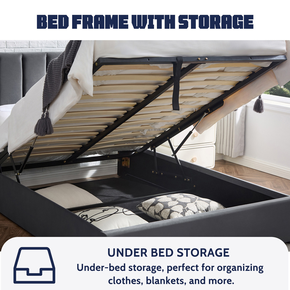 Furniture One Double Grey Upholstered Platform Storage Bed Frame with Adjustable Headboard Image 5