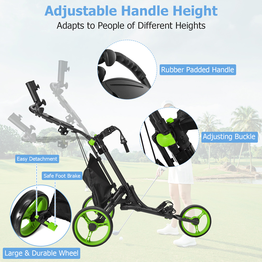 Costway 3 Wheel Green Golf Trolley with Adjustable Handle Image 5