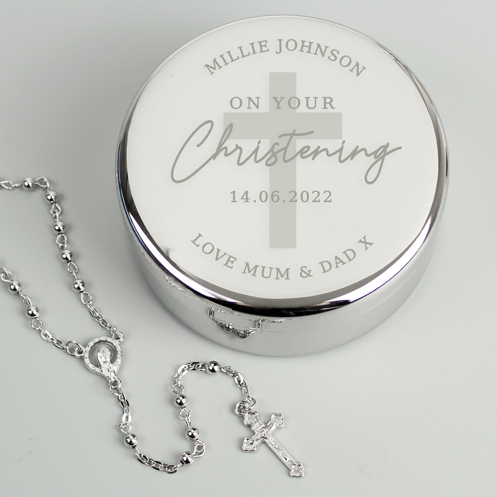 Personalised Memento Personalised Christening Round Trinket Box and Rosary Beads Set Image 2