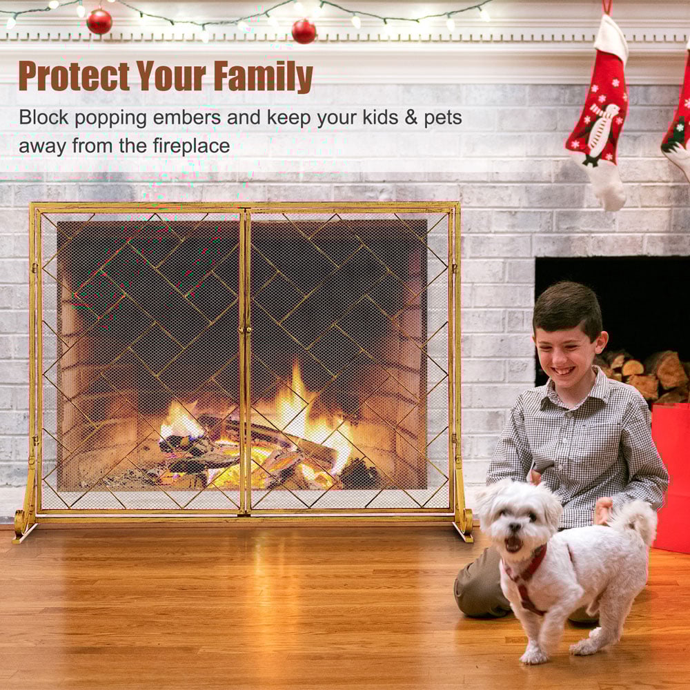 Costway 2 Panel Golden Double Magnetic Doors Mesh Fireplace Screen Image 8