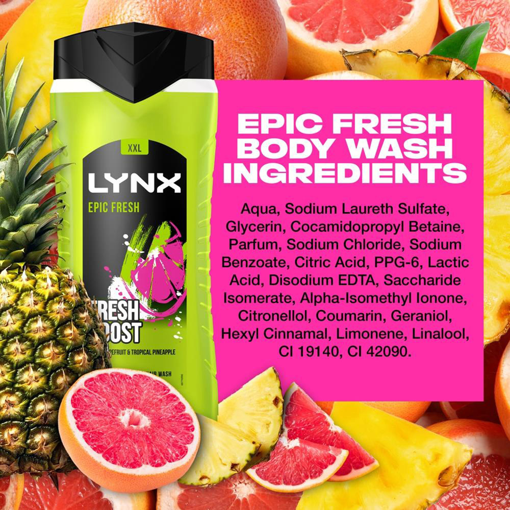 Lynx Epic Fresh Grapefruit and Tropical Pineapple Shower Gel 500ml 3 Pack Image 7