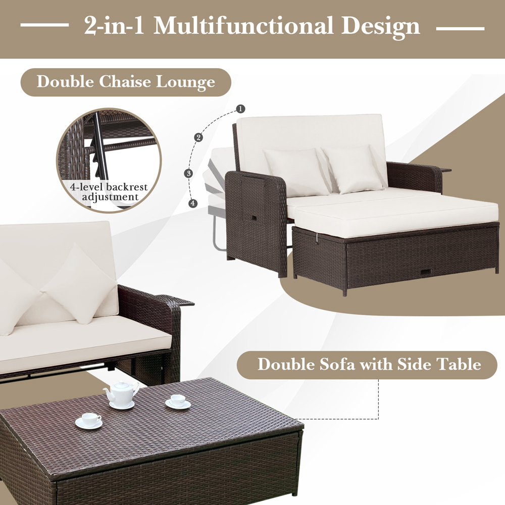 Costway 2 Seater Ratan Wicker White Loveseat Sofa with Ottoman and Side Tray Image 5