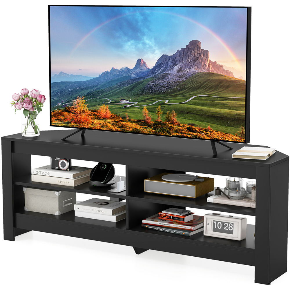 Costway 4 Shelf Black Corner TV Unit with Power Outlet Image 2
