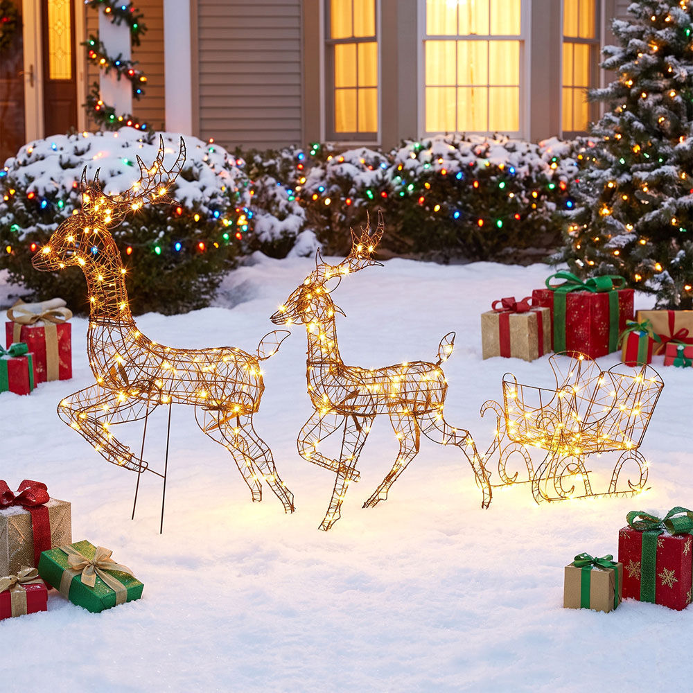 Outsunny 240 Warm White LED 3-Piece Reindeer and Sleigh Set Outdoor Christmas Decoration Image 3