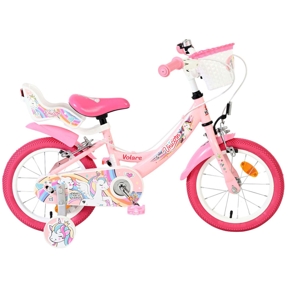 Volare Unicorn Kids 14 inch Pink Bike with Stabilisers Doll Seat and Basket Image 6