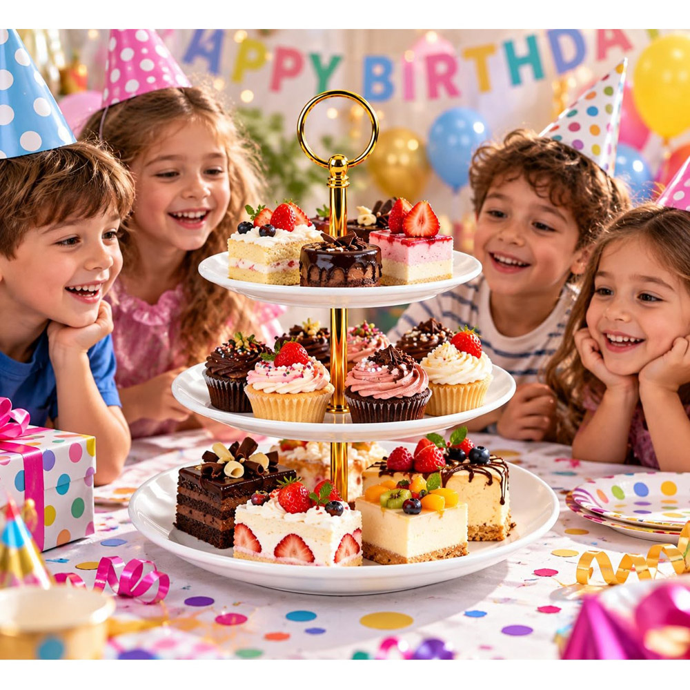 ATEK 3-Tier Ceramic Cake Serving Stand with Gold Handle Image 5