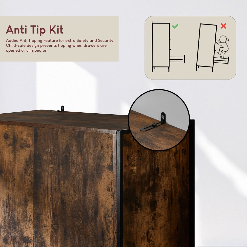 Vida Designs Brooklyn 2 Door Dark Wood Industrial Wardrobe with Hanging Rail and Shelf Image 7