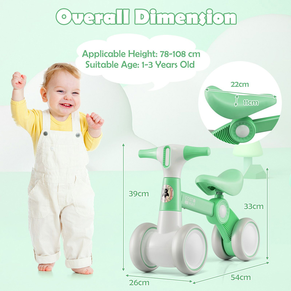 Costway Green Baby Balance Bike with 4 Wheels Image 6
