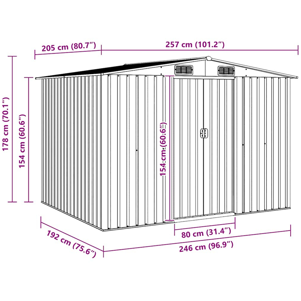 vidaXL 8.4 x 6.7ft Brown Galvanised Steel Apex Garden Shed Image 8