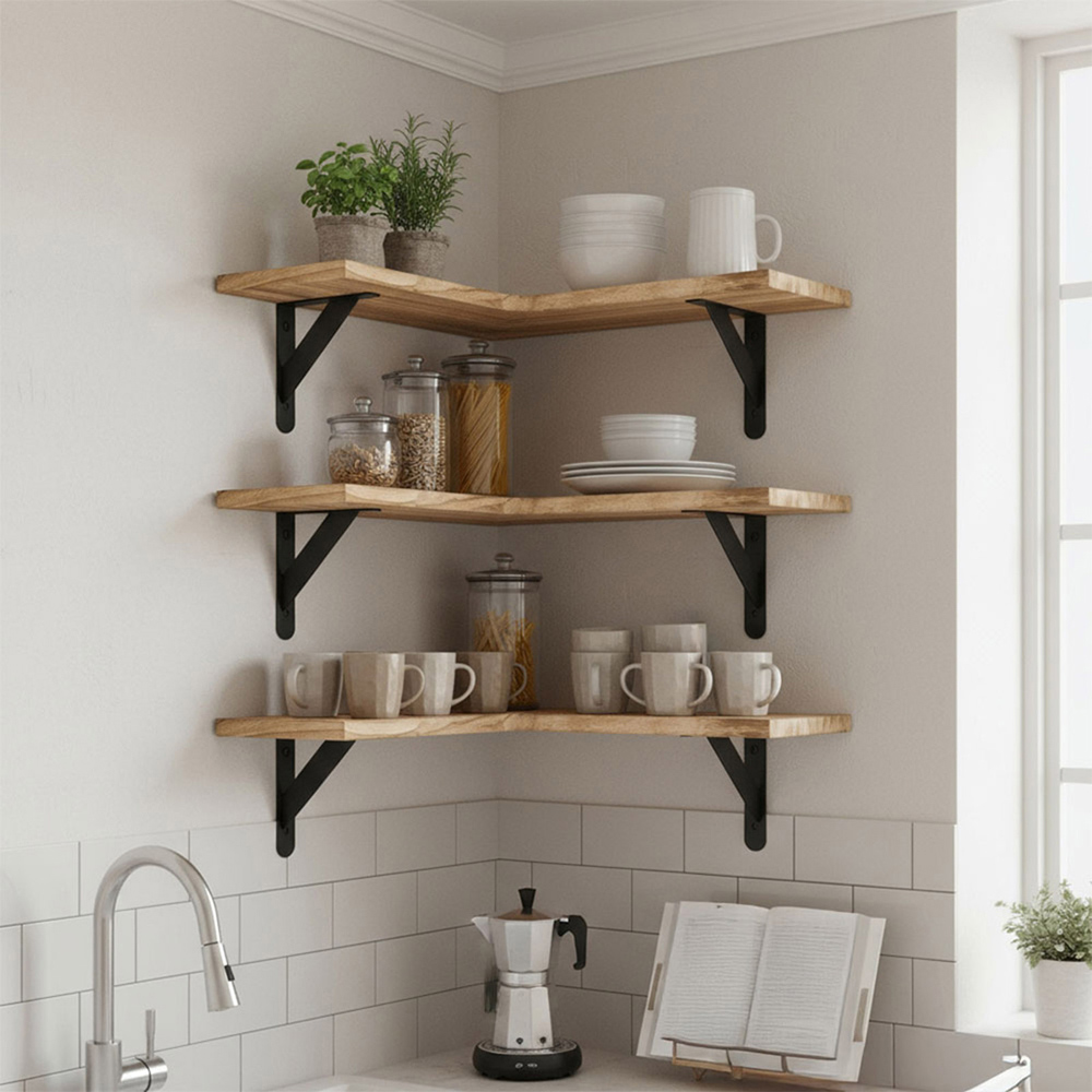 Living and Home Set of 3 Light Brown L-Shaped Corner Wall Shelf Image 2