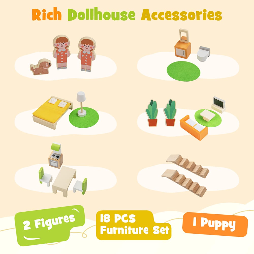 Costway Kids Yellow 18 Piece Wooden Dollhouse with 7 Rooms and Accessories Image 6