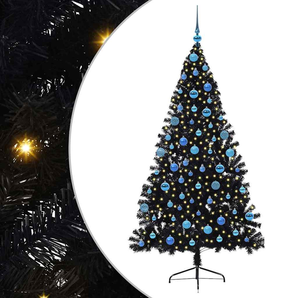 vidaXL Pre-Lit Blue Bauble Black Artificial Christmas Tree 6ft Image 6