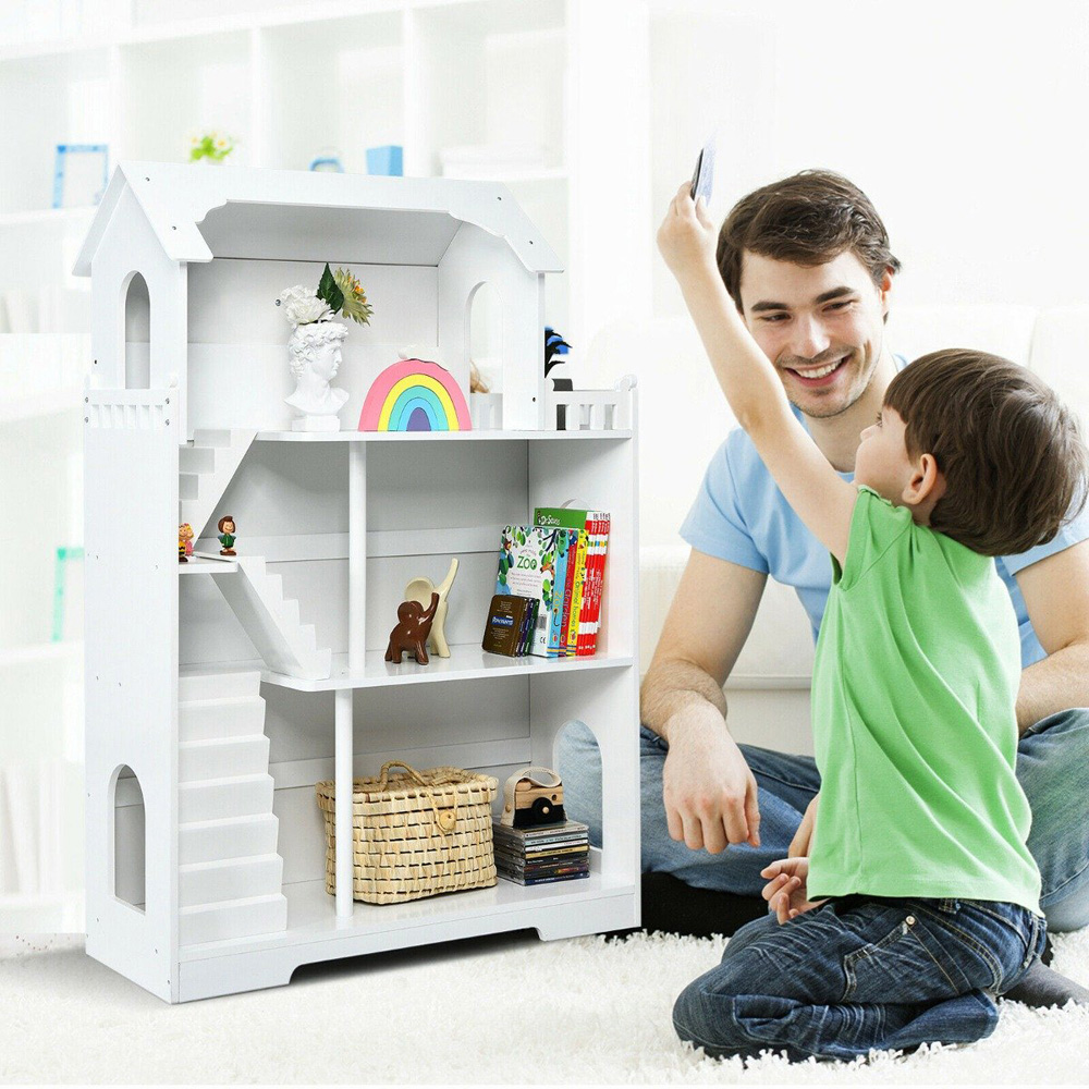 Costway 3 Shelf Kids Wooden Dollhouse Bookcase Image 5